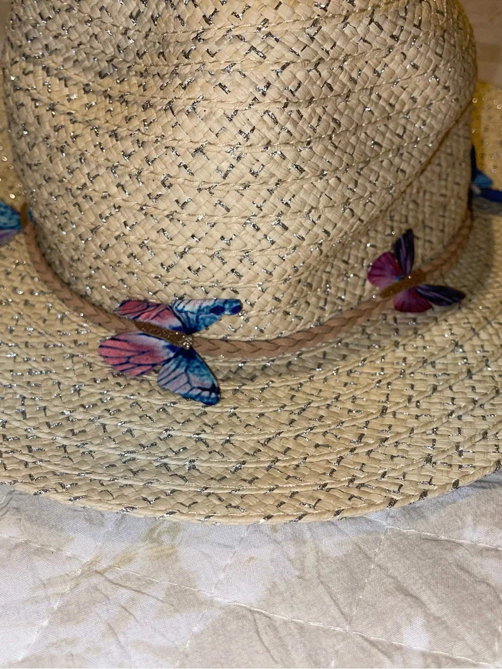 Capelli of New York Kids Natural Straw Sun Hat with Blue and Pink Tassels